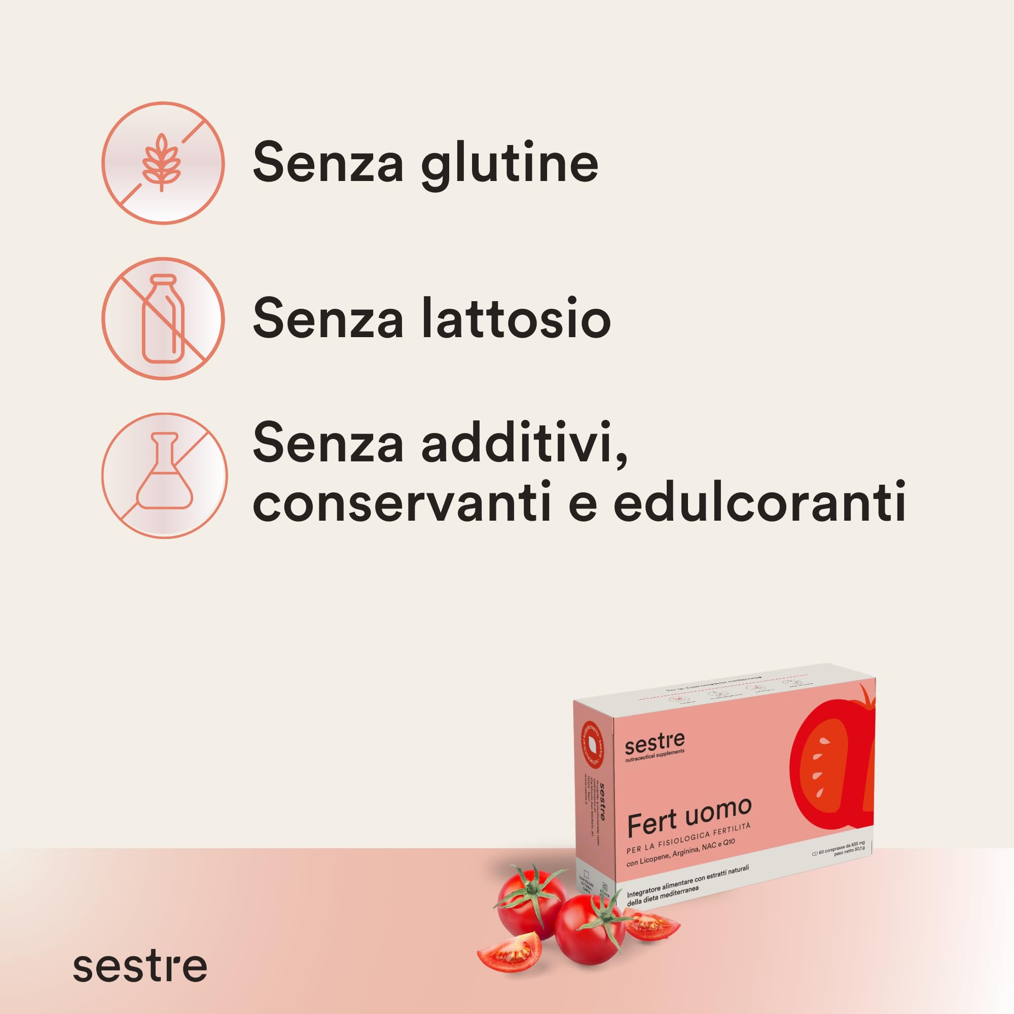Sestre Fert Uomo, Integratore per la Fertilità Maschile, Aiuta a Mantenere Normali i Livelli di Testosterone, con Licopene, Selenio, Zinco e Altri Attivi Nutraceutici, 60 Compresse