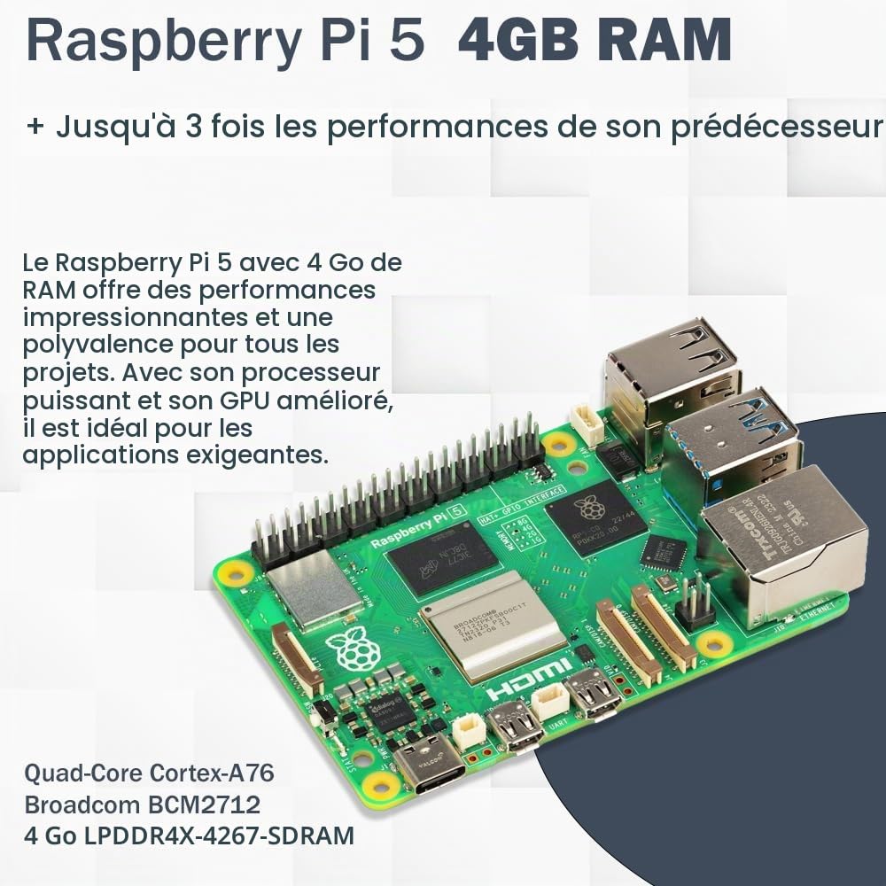 Raspberry Pi 5 Kit de démarrage 4 Go, bloc d'alimentation USB-C 27 W, boîtier avec ventilateur, carte SD 64 Go, câble micro HDMI 4K, rouge et blanc