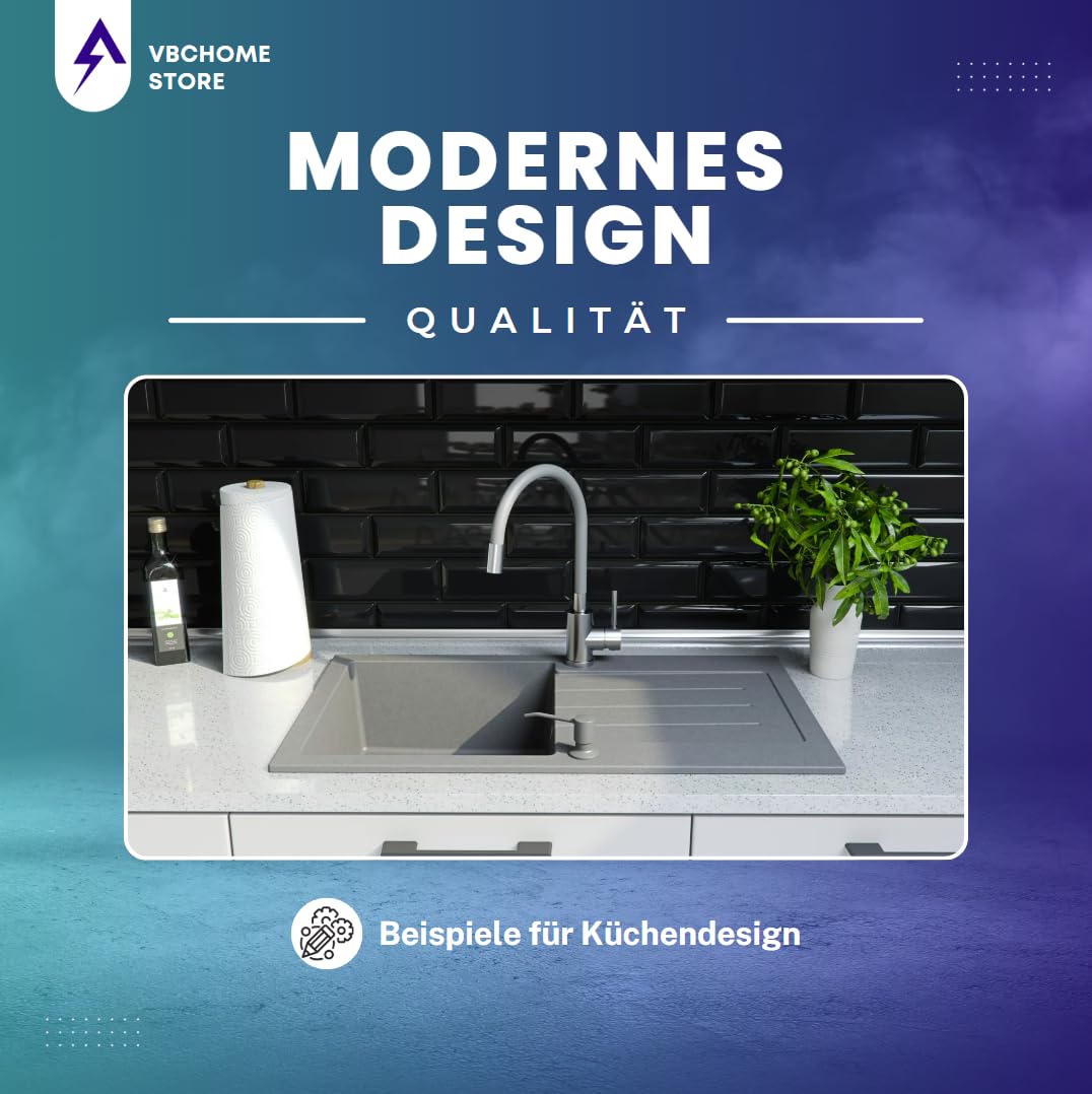 VBChome Fregadero de granito gris con grifería, 55 x 44 cm, fregadero individual, empotrable, moteado, reversible, de granito, gris, con grifo de acero inoxidable con caño extraíble