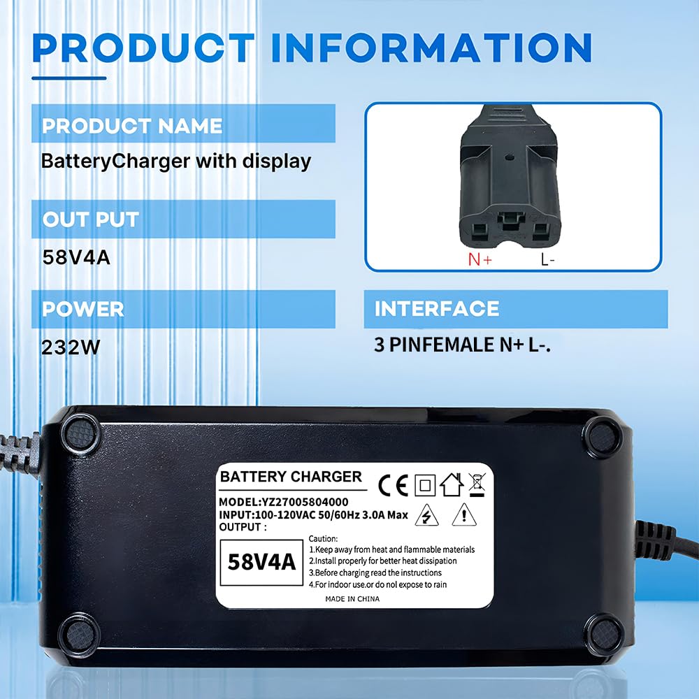 YZPOWER 58V 4A Lead Acid Battery Charger for 48V 20Ah GLE AGM Lead Batteries Pack,Smart AC Charger Adapter with Display Built-in Fan 3pin Plug