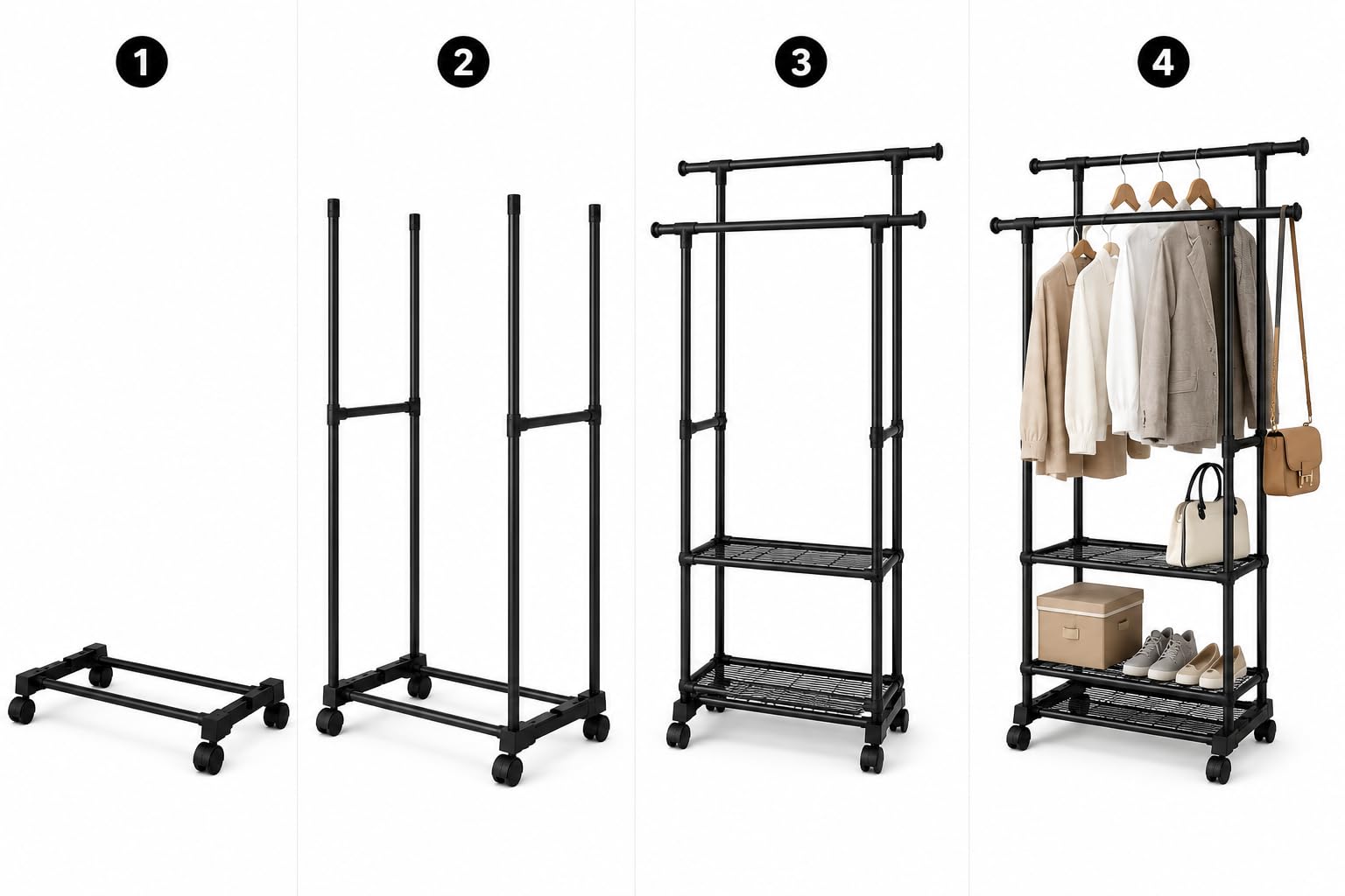 Generico Appendiabiti da Terra con Ruote e Ripiani – Stand Appendiabiti Doppio Bastone in Acciaio Nero – Attaccapanni Salvaspazio per Camera, Ingresso e Cabina Armadio – 42x76x150 cm