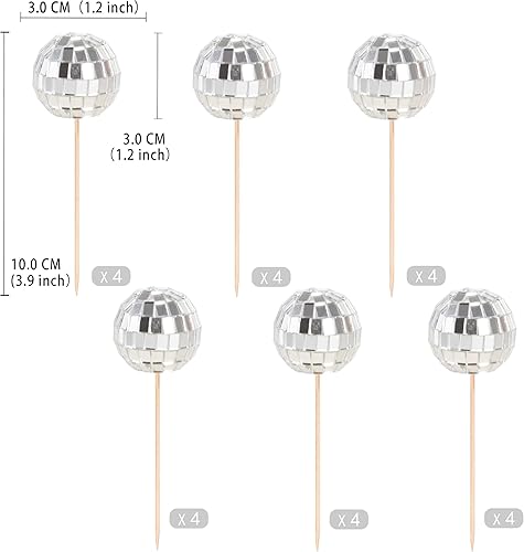 Miniatura 3 de Gexolenu 24 piezas de decoración de bola de discoteca para cupcakes, no puedes hacerlo tú mismo, bola de discoteca plateada, decoración de centro de