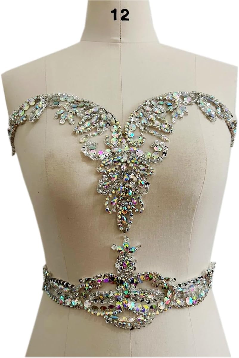 Large Size Pure handsewing Rhinestones Beads Applique for Dress Clothing Neckline and Waist Trim sew on Shining Crystal Sequins lace Patches one Set/Bag (Champagne)