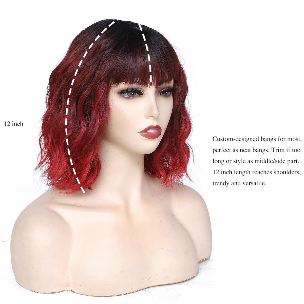BUYOGET Wavy Bob Wig with Bangs Synthetic Hair Shoulder Length 12 Inch Short Curly Wigs for Women Burgundy to Vivid Red - Image 2