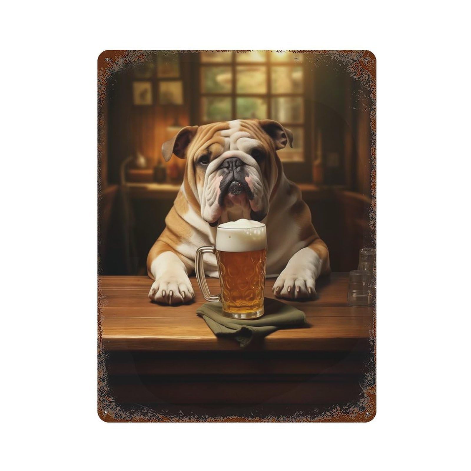 English Bulldog Drink Beer Rust Effect Tin Sign 15.7"x11.8", Ideal for Shed, Workshop And Garage Wall Decor
