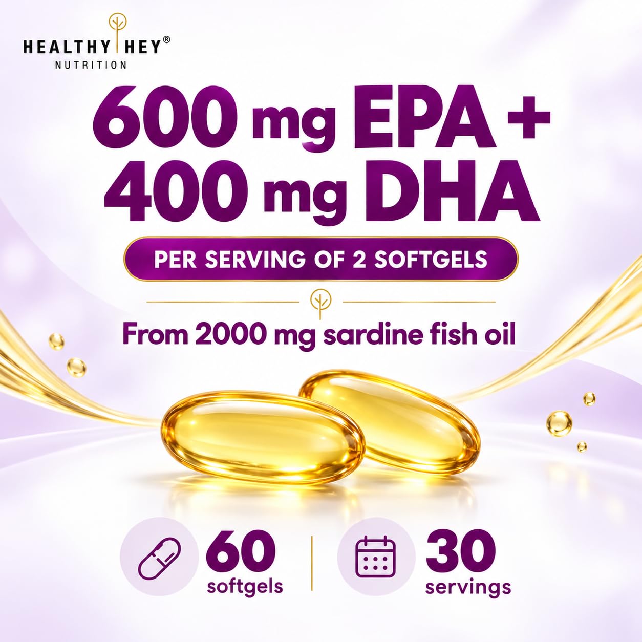 HealthyHey Nutrition Omega 3 Fish Oil, EPA 600mg + DHA 400mg, 60 Softgels — Amazon image 2