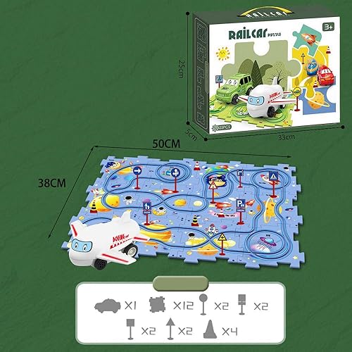 Miniatura 3 de PowerTRC Rompecabezas de coche de ferrocarril de plástico con un avión y señales de tráfico  Montessori educativo imaginativo aprendizaje