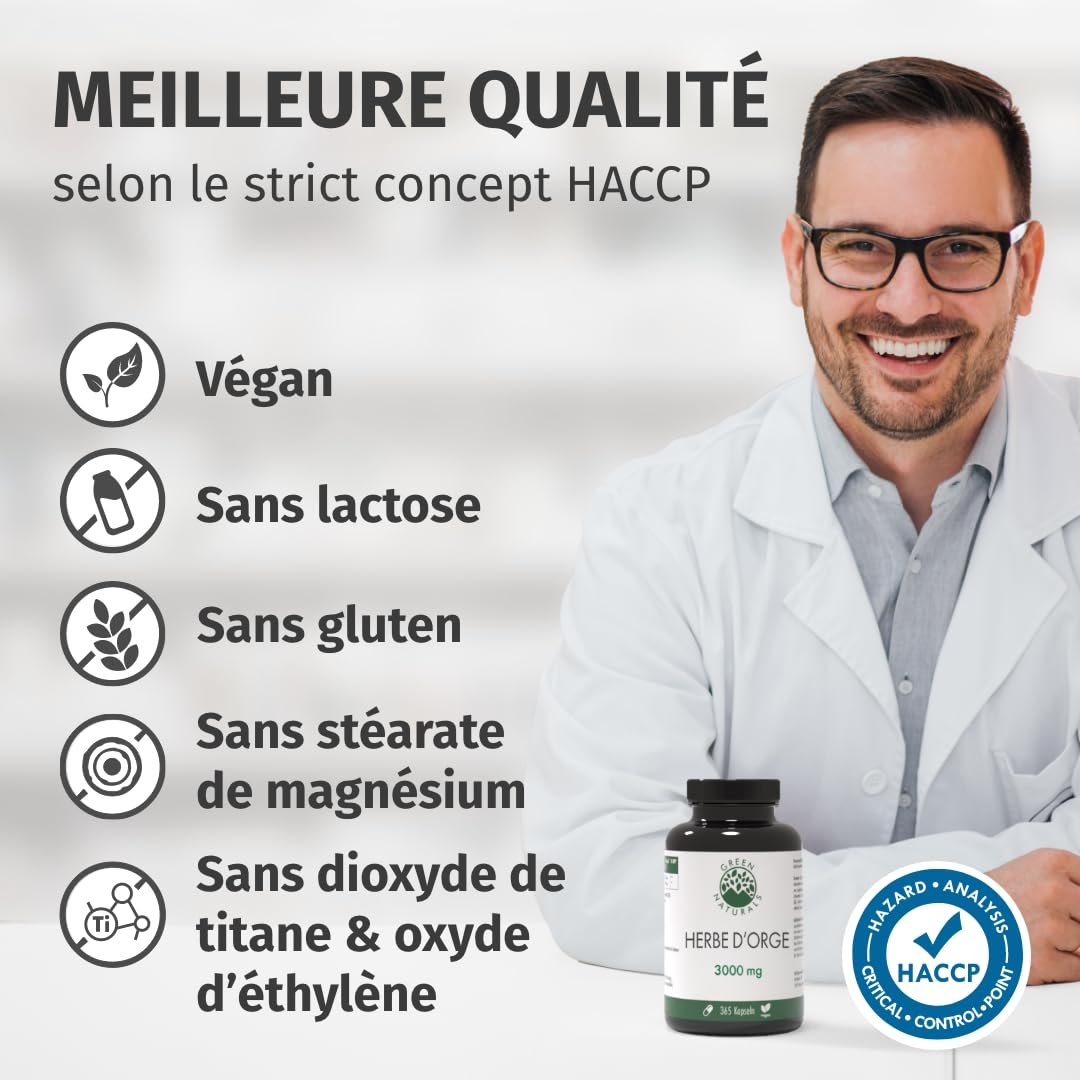 Herbe d'orge gélules naturelles et pures - Dosage élevé: 3.000 mg avec extrait 10:1-365 capsules (3 mois) - Qualité premium d'Allemagne - Végan et testé en laboratoire - Green Naturals®