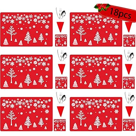 18PCS Christmas Placemat with Cup Mats,christmas table mats,Christmas PVC Placemats Coasters Cutlery set Het Resistant Waterproof Xmas Table Mats, for Xmas Party Home Dining Table Decoration(red) Cover