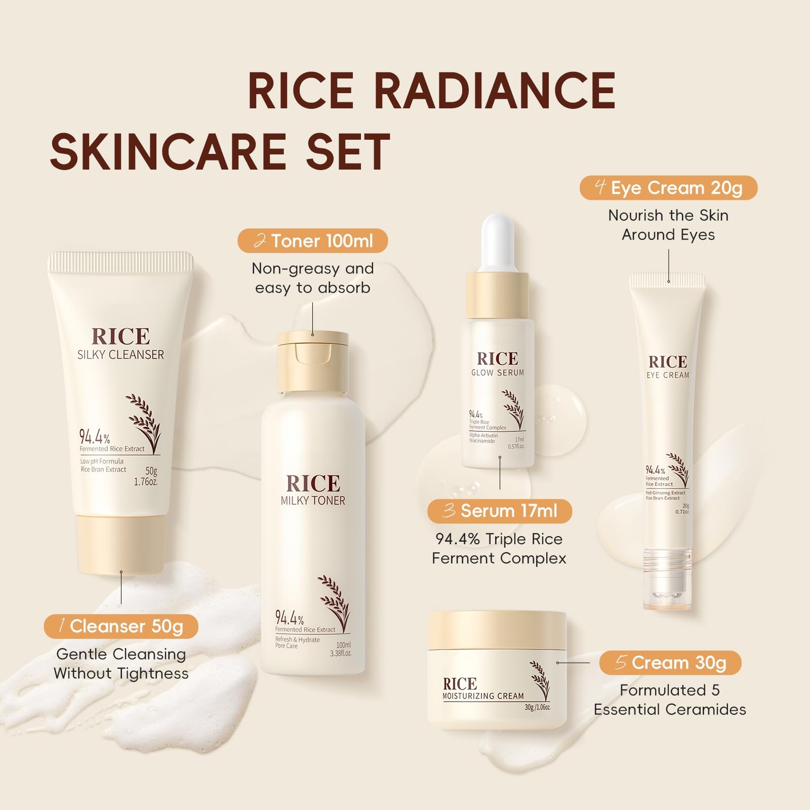 Moisturizing Korean Rice Skincare Set, 5-Step Facial Routine