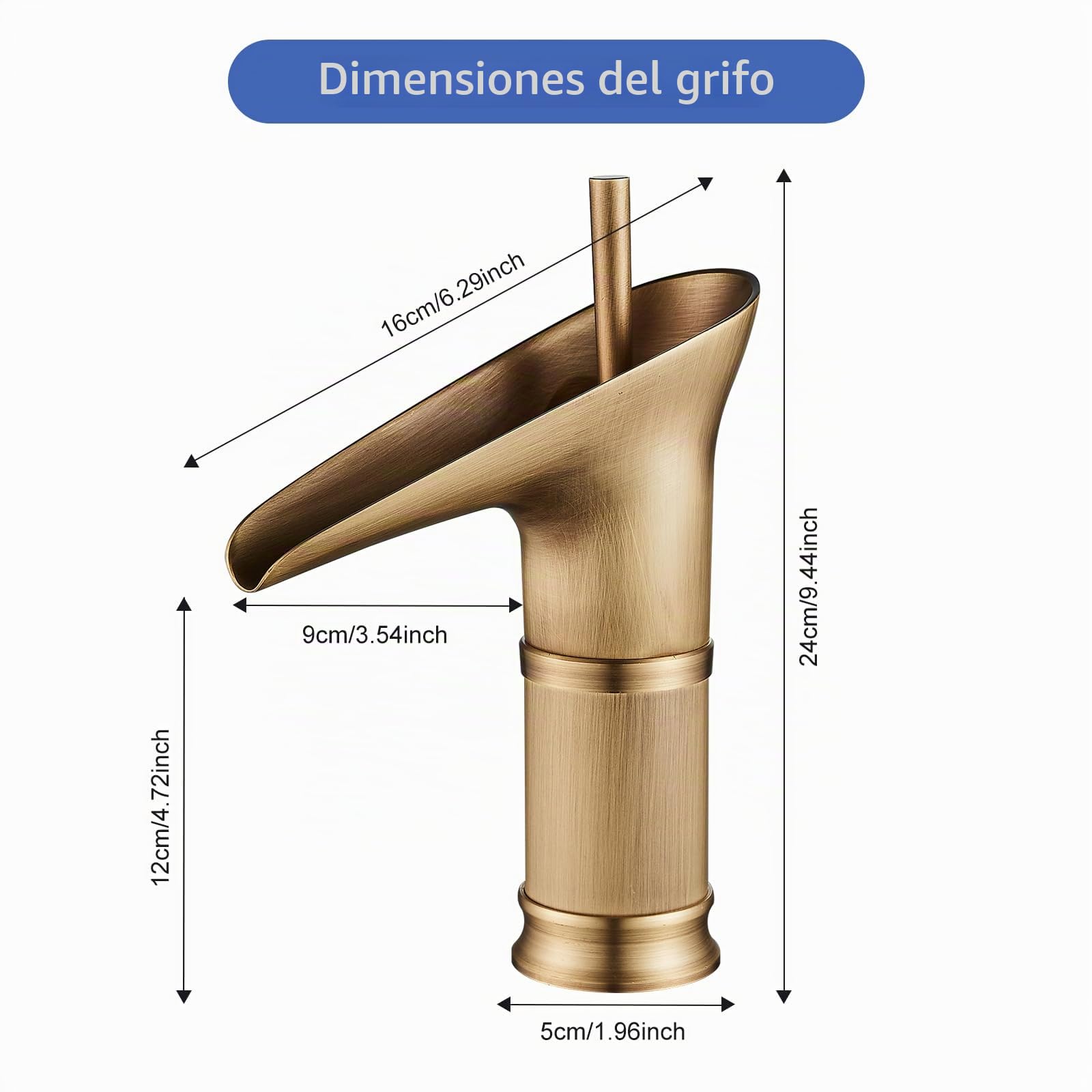 Grifo Lavabo Cascada, Grifo Lavabo Retro, Grifo de Lavabo Monomando Vintage, Grifo de Baño Mezclador Monomando Agua Fria y Caliente Disponible, Latón Antiguo