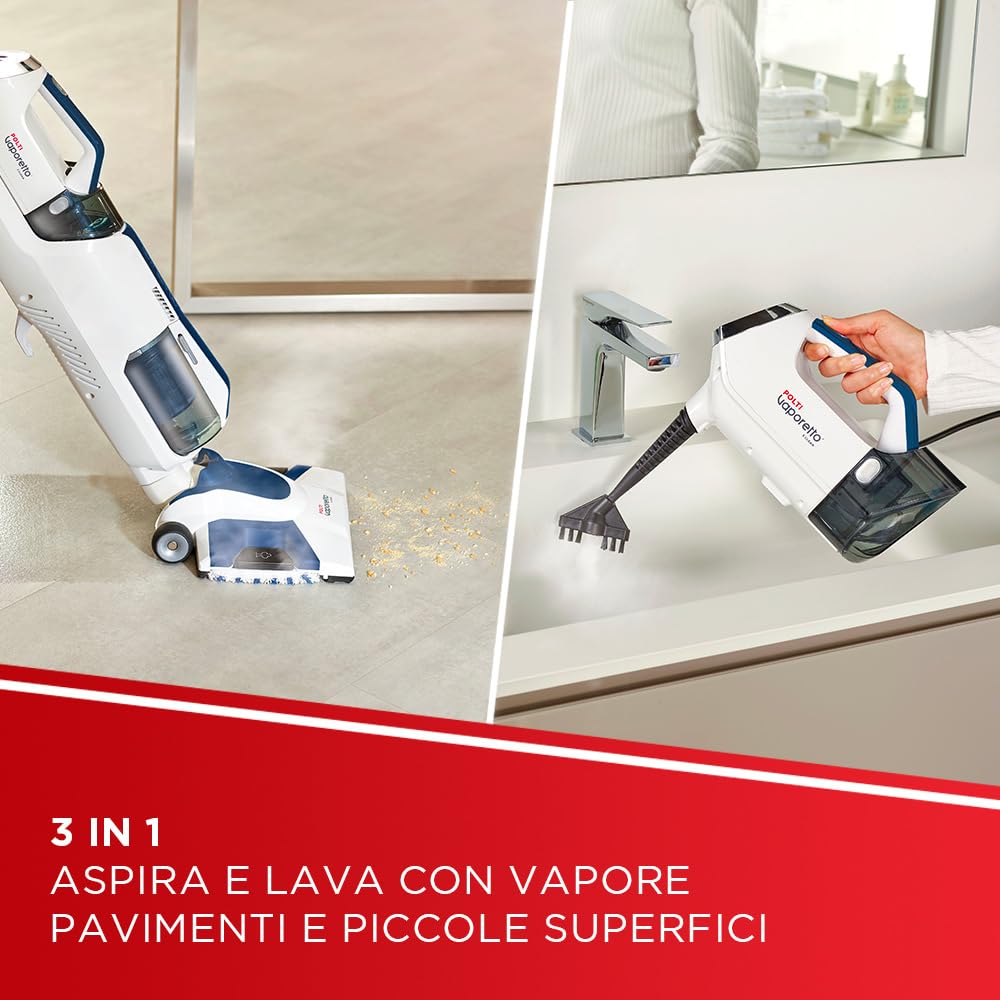 Polti Vaporetto 3 Clean Blue Aspirapolvere Lavapavimenti con Pulitore a Vapore Portatile, 3 Prodotti in 1, 14 Accessori, Aspirazione Ciclonica senza Sacco, Potenza Max 1800 W, Bianco e Blu