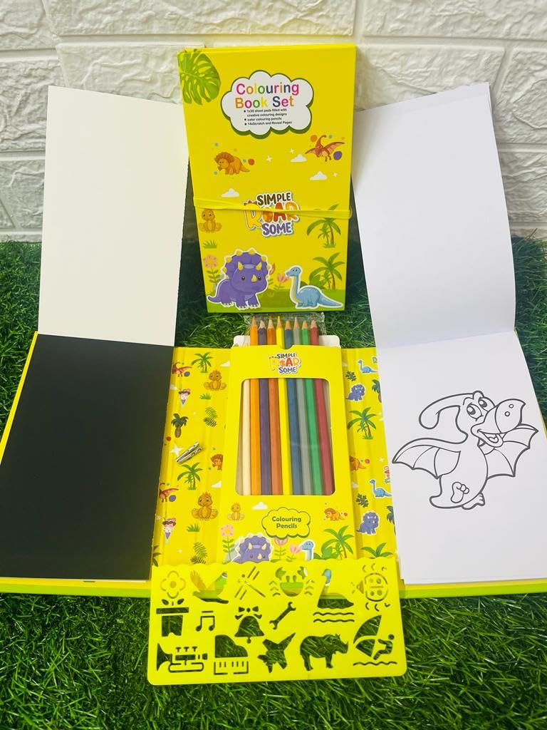 Paaroots Pack of 1 Mix Theme Coloring Scratch Book with 8 Double Side Colour Pencils and Stencils Art and Craft Drawing Scratch Book Set for 3+ Years Old Boys, Girls Return Gift for Kids[ Any1 Theme ]