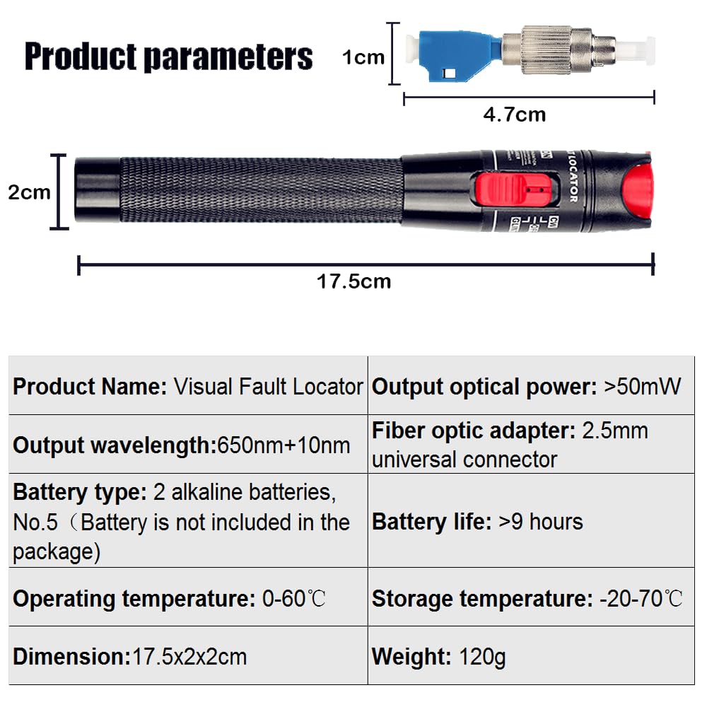 50mW Localisateur Visuel de Défauts, Photomètre Fibre Optique FTTH -70 dBm à +6 dBm, Testeur fibre optique avec Adaptateur FC-LC