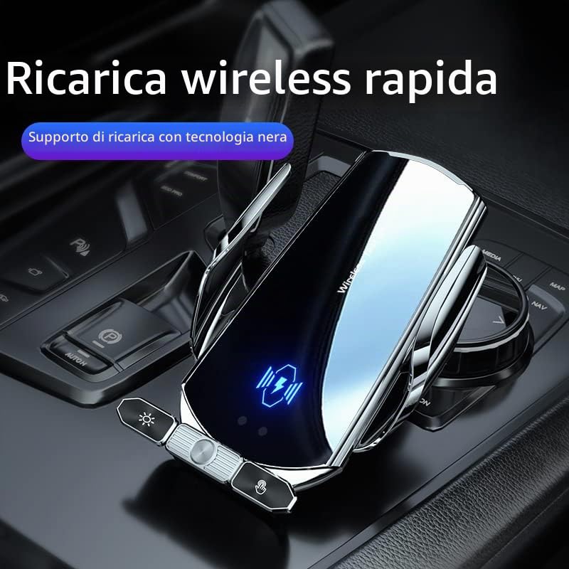 Caricabatterie wireless da auto, 15 W, ricarico rapido, supporto per cellulare, presa d'aria, ricarico magnetico, porta USB C/iOS/Micro USB (argento)