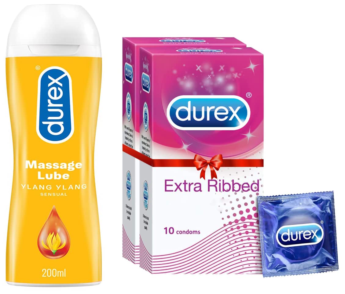 Durex Lube Sensual Massage and Lubricant Gel - 200ml & Durex Extra Ribbed Condoms for Men - 10 Count (Pack of 2)-picture-22