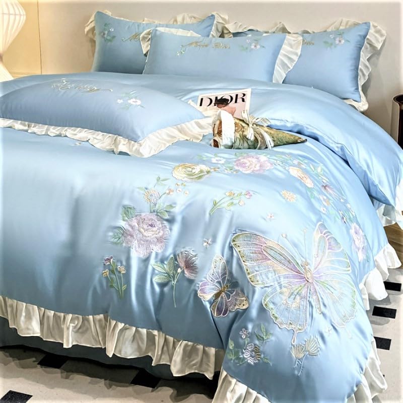 JJ's Imported 600s Tancel Silk Heavy Embroidered Skin Friendly 5 Pcs King Size Double Bed Luxury Bridal Wedding Bedding Set with Heavy Quilt/Comforter (Blue 1)-image-7