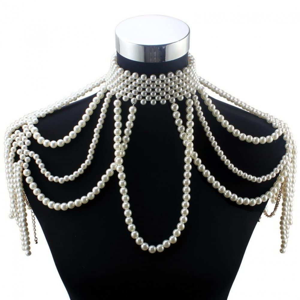 Danlai Women's White Long Bead Chain Chunky Simulated Pearl Necklace Body Jewelry For Costume Choker Pendant Statement Necklace New