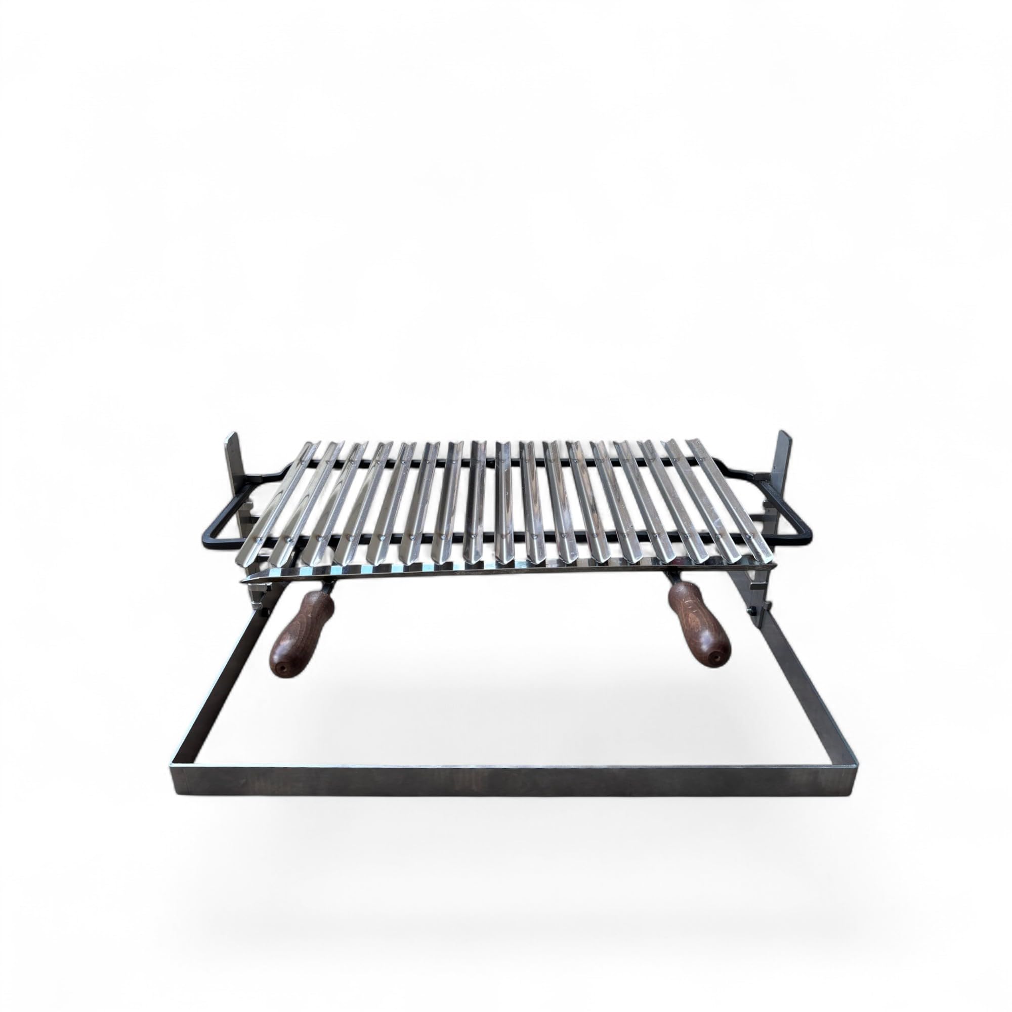 Griglia per Barbecue in Acciaio Inox, Sistema Scolagrassi, Manici in Legno, Base in Ferro Regolabile su 3 Altezze 70x45cm, Superficie di Cottura 54cm