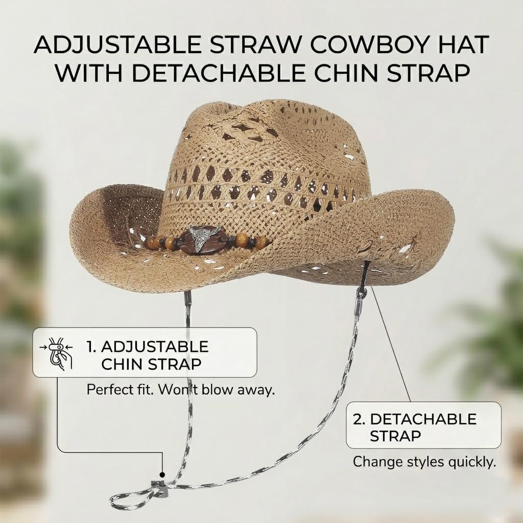 Straw Cowgirl Hat for Women Men Western Cowboy Hat Woven Hollow Out Wide Brim Sun Hat with Chin Strap