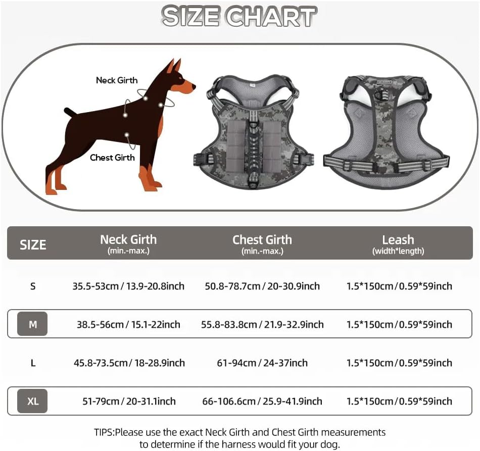 Tactical Dog Harness with Leash for Large Dogs, No Pull Adjustable Dog Harness, Reflective K9 Working Pet Vest for Walking, Training (Camouflage Grey, M)
