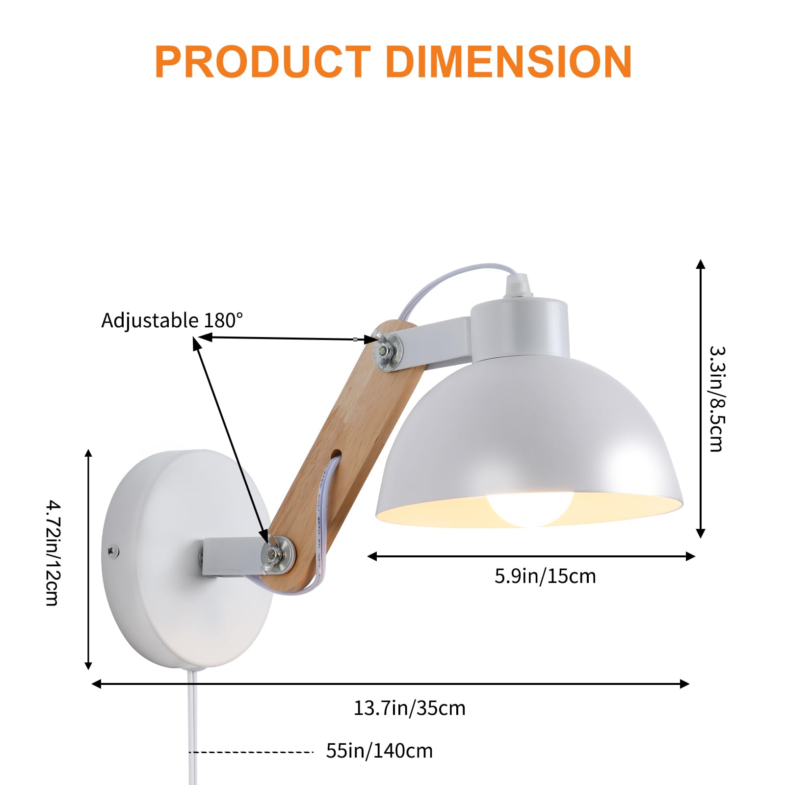 Aplique De Pared Moderno Con Enchufe E Interruptor – Lámpara De Lectura De Madera Para Dormitorio (Blanco) – Fácil Instalación