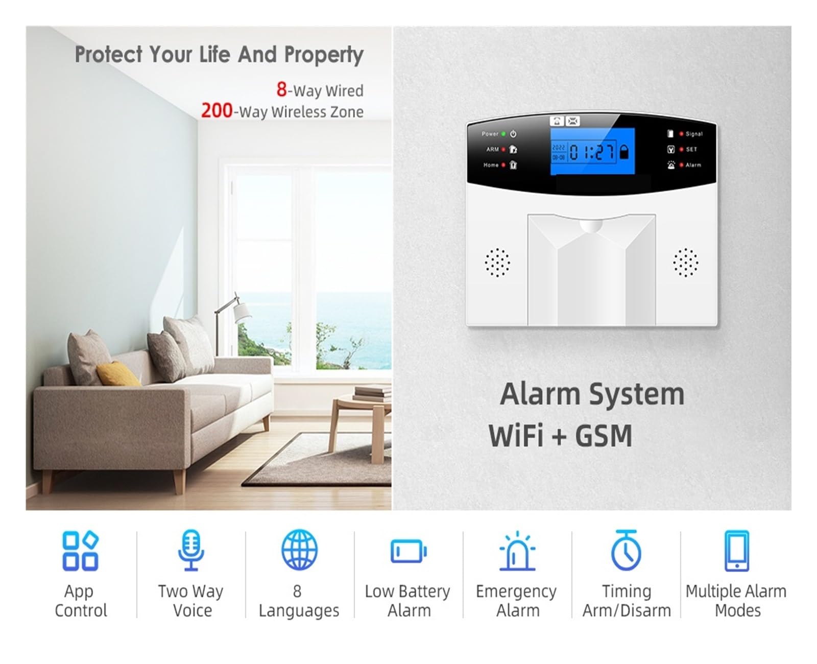 System Alarmowy do Mieszkania, GSM Home Security Inteligentny system alarmowy Zestaw antywłamaniowy Aplikacja mobilna z czujnikiem dymu,for Home Security