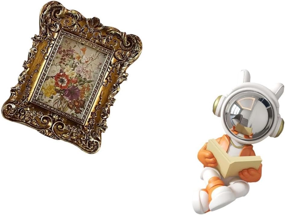 Hand Carved Floral Astronaut Photo Frame Decorative Statue Picture Holder Tabletop Wall Mounted Antique Sculpture for Office Dorm Home Decor Wedding G