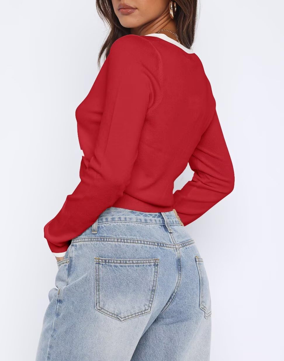 LEEDYA Women's Long Sleeve Cardigan Open Front Knit Cropped Sweaters Fall Color Block Button Down V Neck Lightweight Tops - Image 3