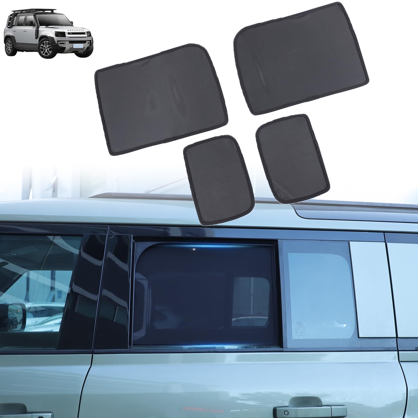 Lot de 4 pare-soleil de fenêtre de voiture pour @Land R&over Defender 110 130 - Accessoires 2020-2026 - Extensibles et respirants - Protection UV - Pour bébé, famille, animal de compagnie, (côté