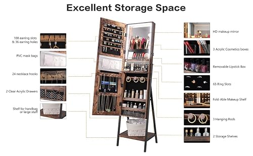Ylued 47.2”H Full Length Mirror With Jewelry Storage Led Lighted Mirror Jewelry Cabinet Armoire, Standing Lockable Jewelry Organizer W/3-Color Lights W/Drawers (Rustic Brown) #TOP4
