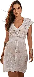 Saida de Praia Crochê Vestido Curta Tricot Rendado Cinturada Manga Curta Elegante Saida de Banho Piscina Canga Verão