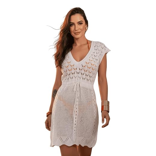 Saida de Praia Crochê Vestido Curta Tricot Rendado Cinturada Manga Curta Elegante Saida de Banho Piscina Canga Verão