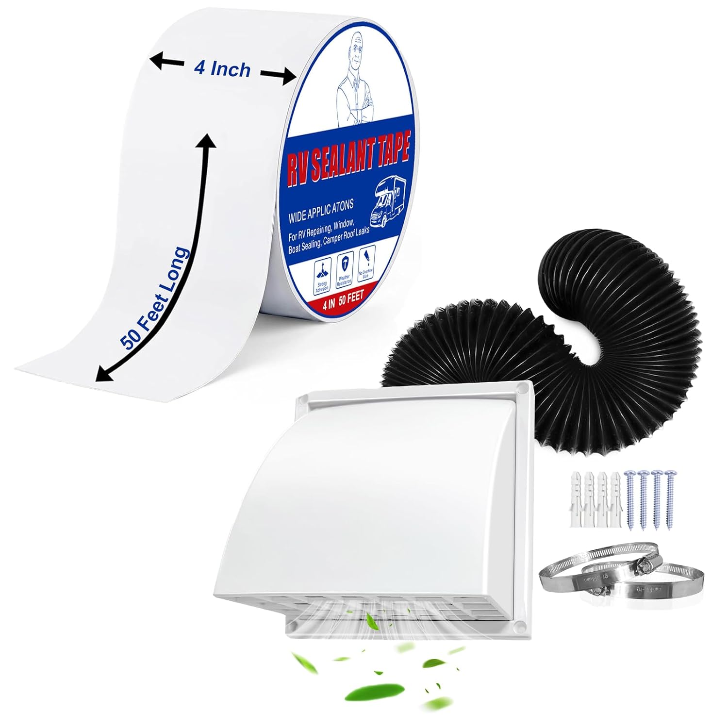 RV Roof Sealant Tape, 4 Inch x 50 Feet RV Repair White Tape Waterproof Seal Tapem+Dryer Vent Connector Kit-Dryer Vent Cover in ABS Plastic(4In), Flexible Dryer Hose(4In*8Ft) and 2 Clamps