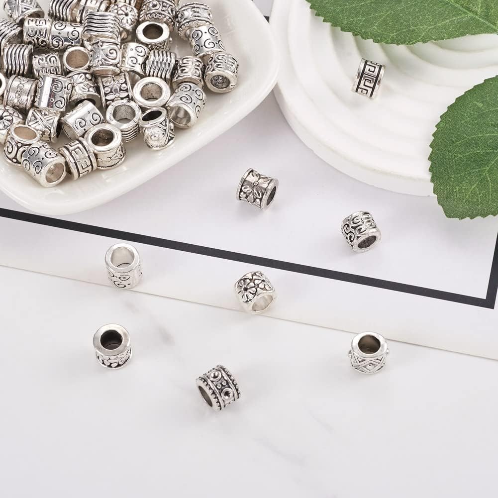 KISSITTY 100pcs/box Tibetan Style Antique Silver Column Spacer Beads Large Hole European Spacer Beads 10 Styles 7-9x8-10mm for Jewelry Making with Hole 5-6mm - Image 8