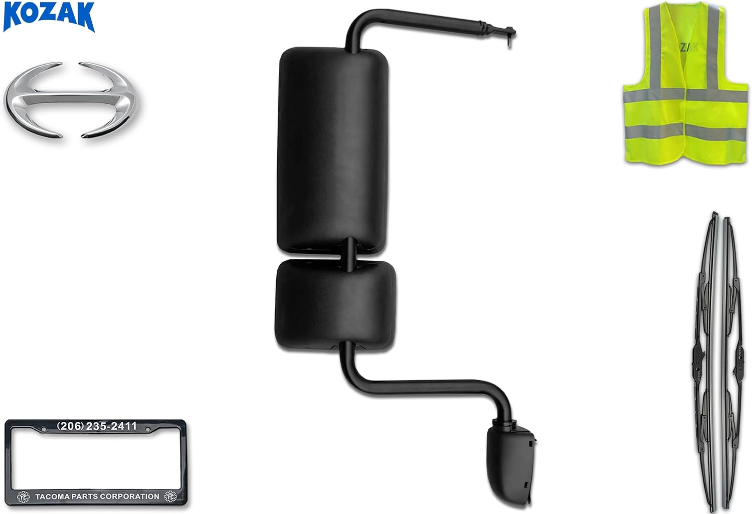 Kozak Door Mirror Assembly Black Right Passenger Side Compatible with Hino 238 258 268 338 2008-2021 Includes Logo, License Plate Frame, 2x 22" Windshield Wipers, and Reflective Vest