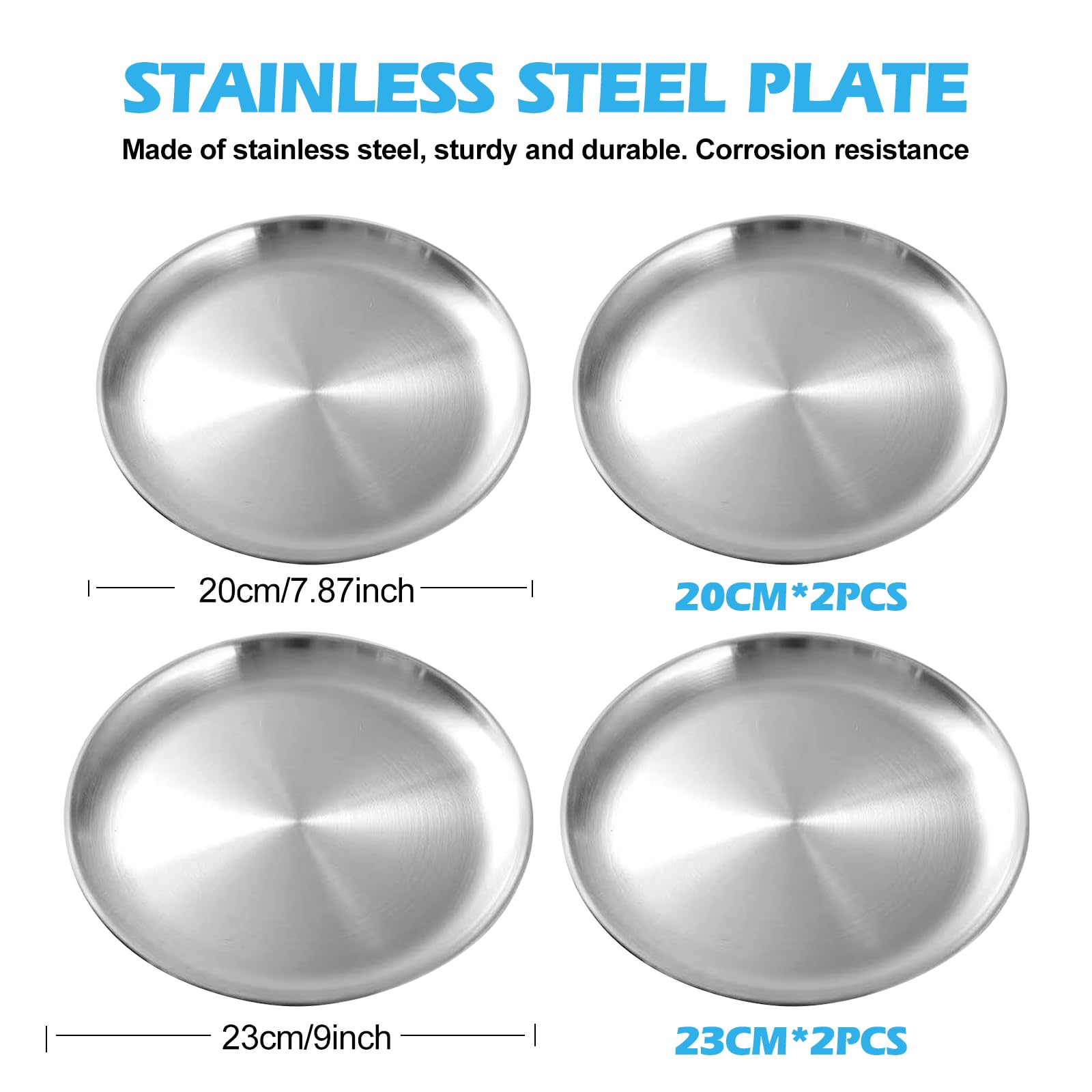 4 piatti in acciaio inox Φ 20 cm e 23 cm, piatti rotondi in acciaio inox, piatti da campeggio, piatti in acciaio inox stabili per campeggio, picnic, escursioni, cucina
