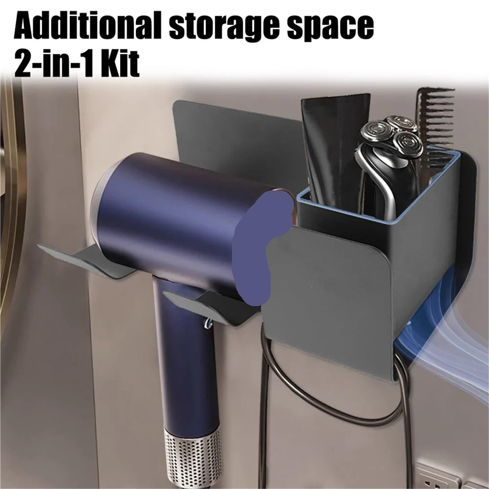 Soporte for secador de Pelo y Plancha, Estante de Almacenamiento Multifuncional, Organizador de secador de Pelo, Estante de Aluminio montado en la Pared para Baño，Barbería(Black Double Cup)