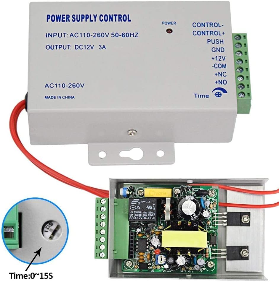 Image of the power supply control unit, showing input and output terminals and an adjustable timer.