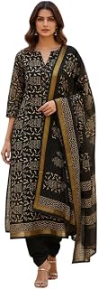 Eddika untistched maheshwari silk hand block printed suit set.(black) With cotton bottom emshbss-070 Price In India