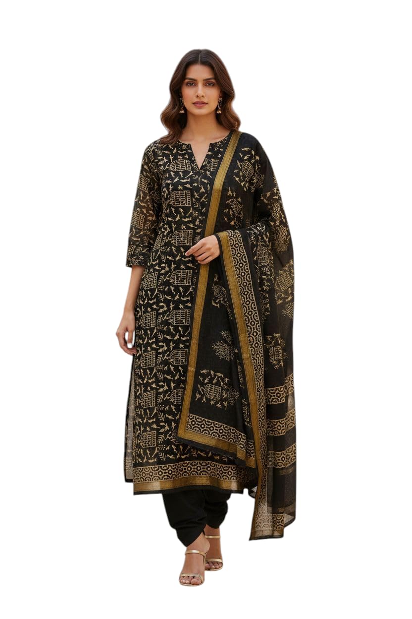 Eddika untistched maheshwari silk hand block printed suit set.(black) With cotton bottom emshbss-070 - Review, Price and Buying Guide