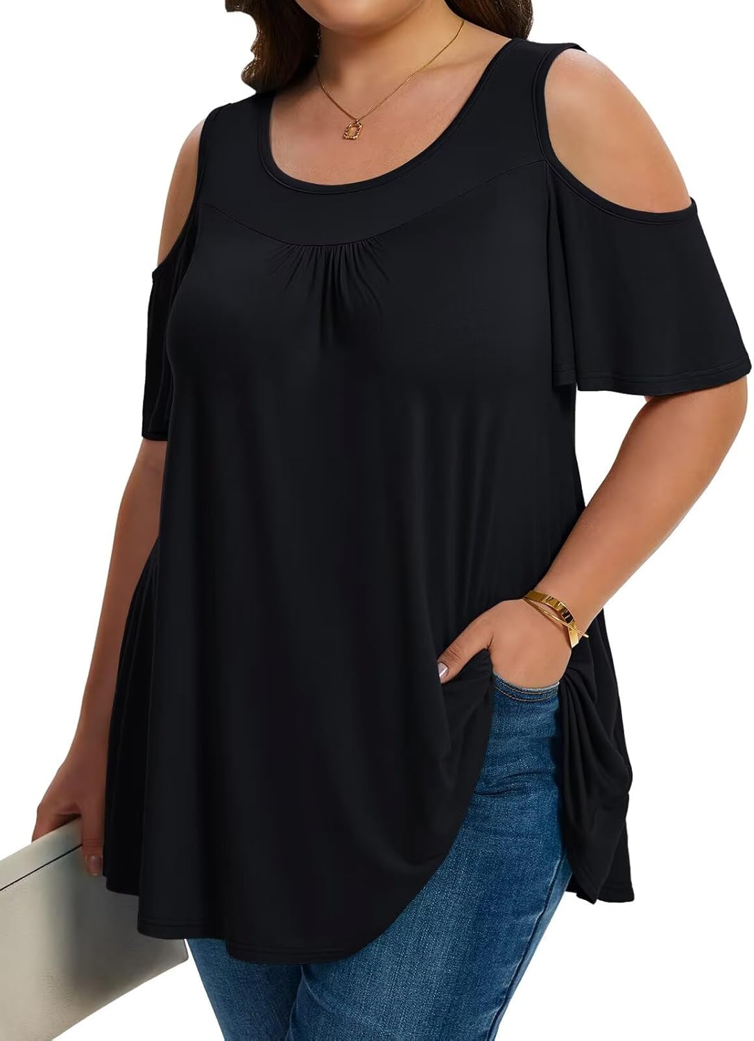 LARACE Plus Size Cold Shoulder Tops for Women Short Sleeve Tunics Shirts Loose Summer Clothes Blouses to Wear with Leggings - Image 4