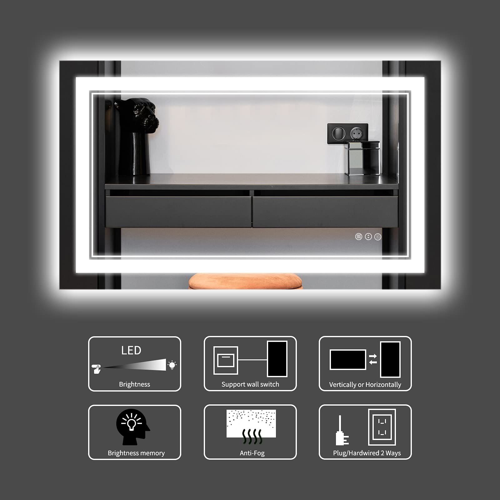 ISTRIPMF 44 x 30 Inch LED Bathroom Mirror, Front Light and Backlit Lighted Vanity Mirror, Anti-Fog, Dimmable Memory, Shatterproof, Wall-Mounted