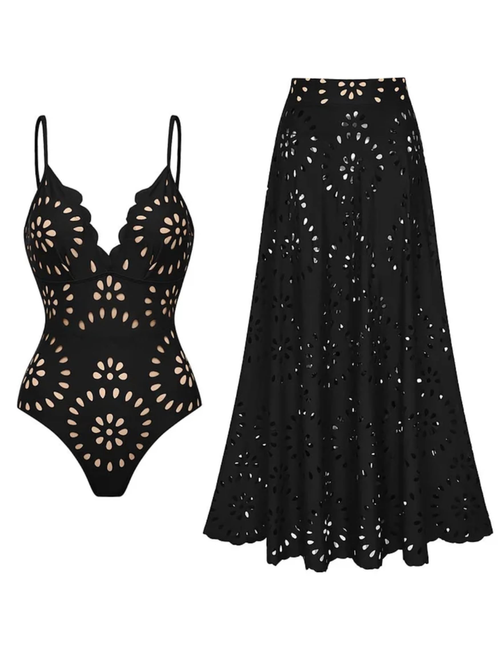 FLAXMAKER Womens One Piece Bathing Suit Petal Hollow V Neck Swimsuit and Skirt