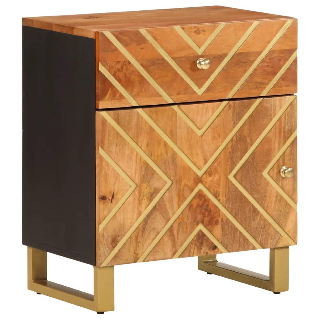 Table de Chevet Bois de Manguier Massif, Table de Nuit Vintage Métal et Petit Rangement