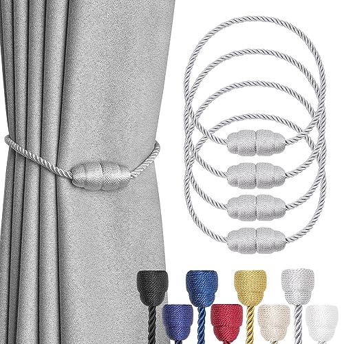 NICEEC 4 Pack Strong Magnetic Curtain Tiebacks Handmade Weave Side Rope Curtain Holdbacks Unique & Elegant Decorative Curtain Drape Tie Backs for Home & Office & Outdoor Window Drapery (Grey)