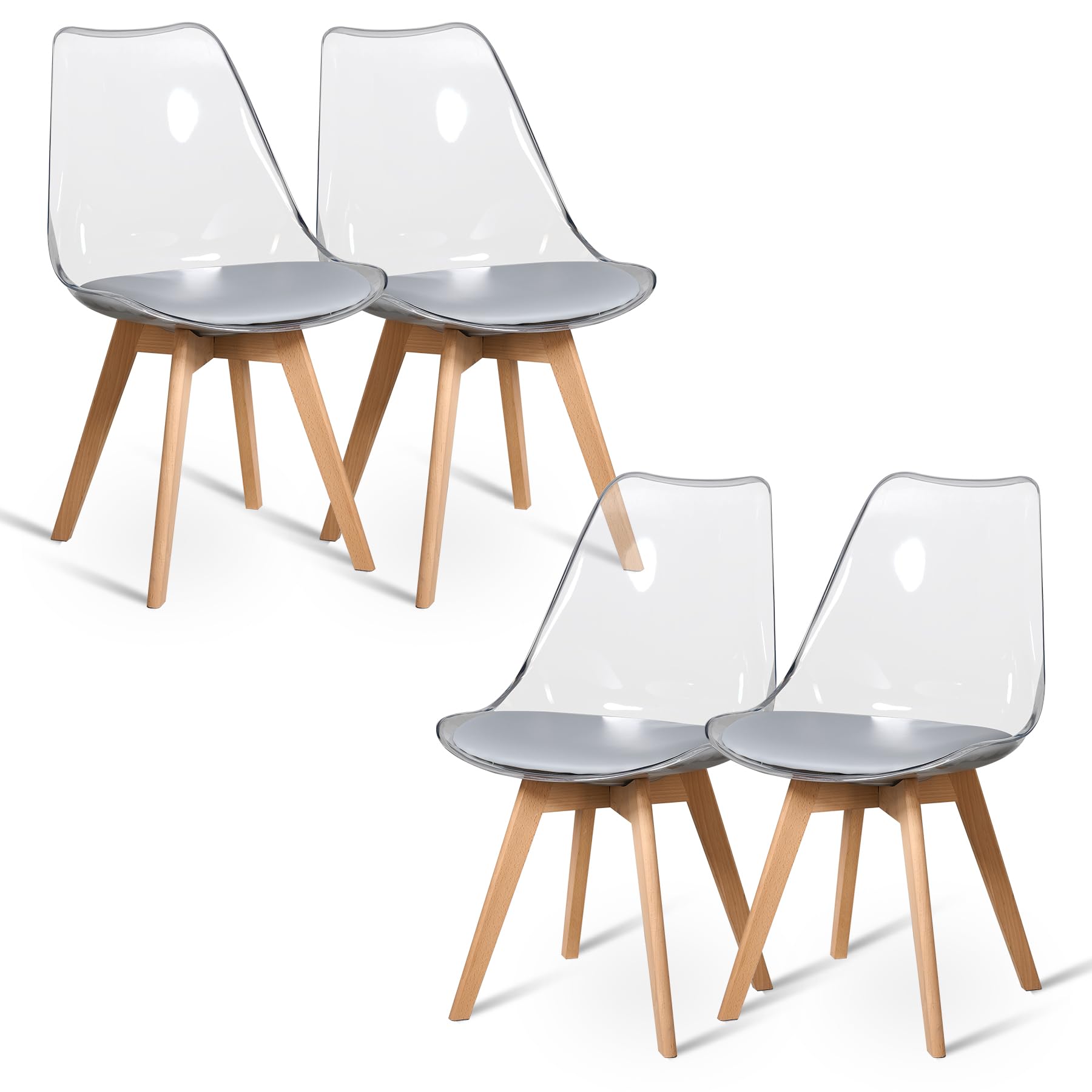 GrandCA HOME Juego de 4 Sillas Nórdicas, Respaldo Transparente,Patas Haya | Silla ergonómica Para Cenas Familiares, Apartamentos y Restaurantes,Almohadón PU, Fácil Limpieza y Montaje Rápido,Gris - PU