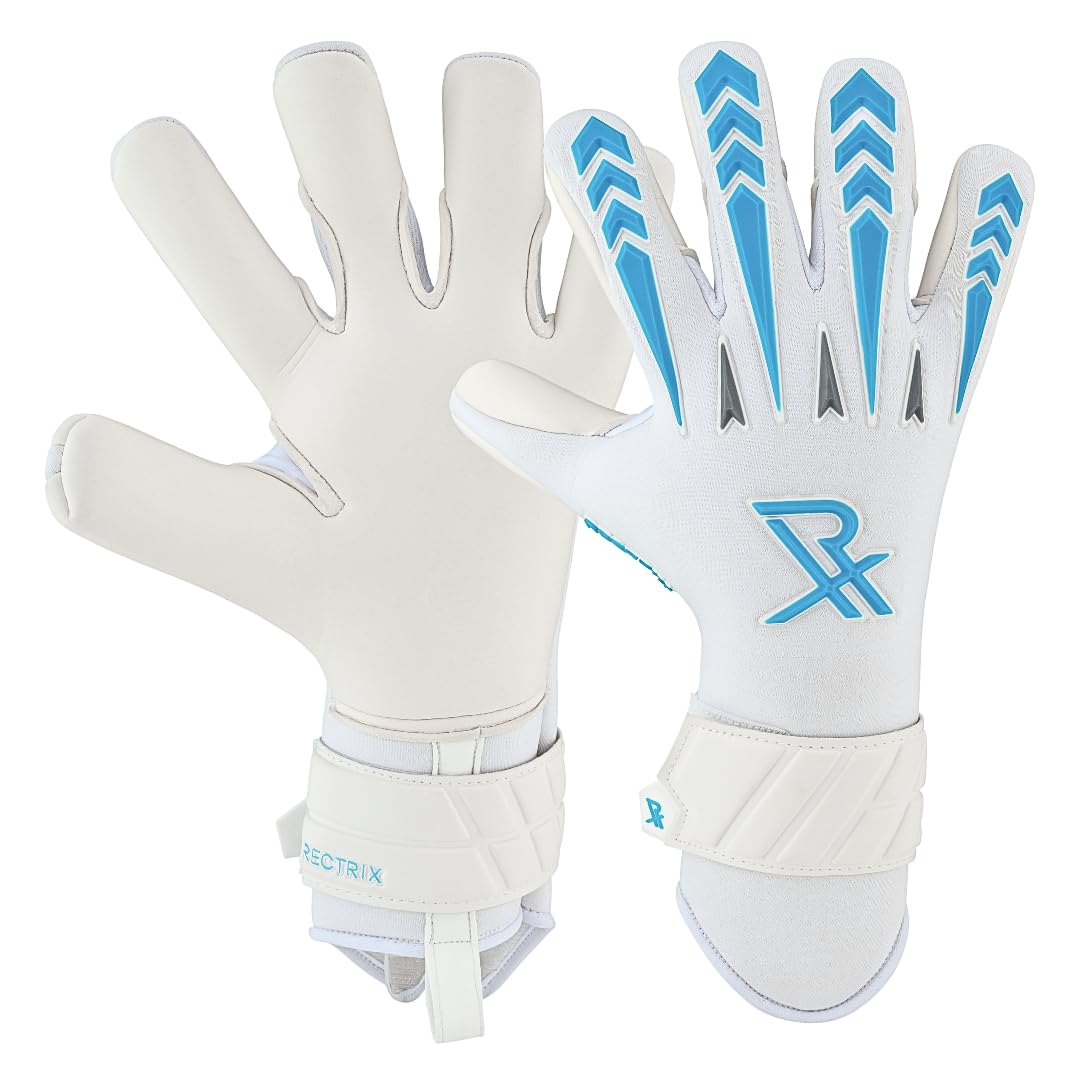 Rectrix Glory Goalkeeper Gloves – Pro Contact Latex Grip | Hybrid Geko Cut | All-Weather Football Gloves for Adults & Youth (White, 9)