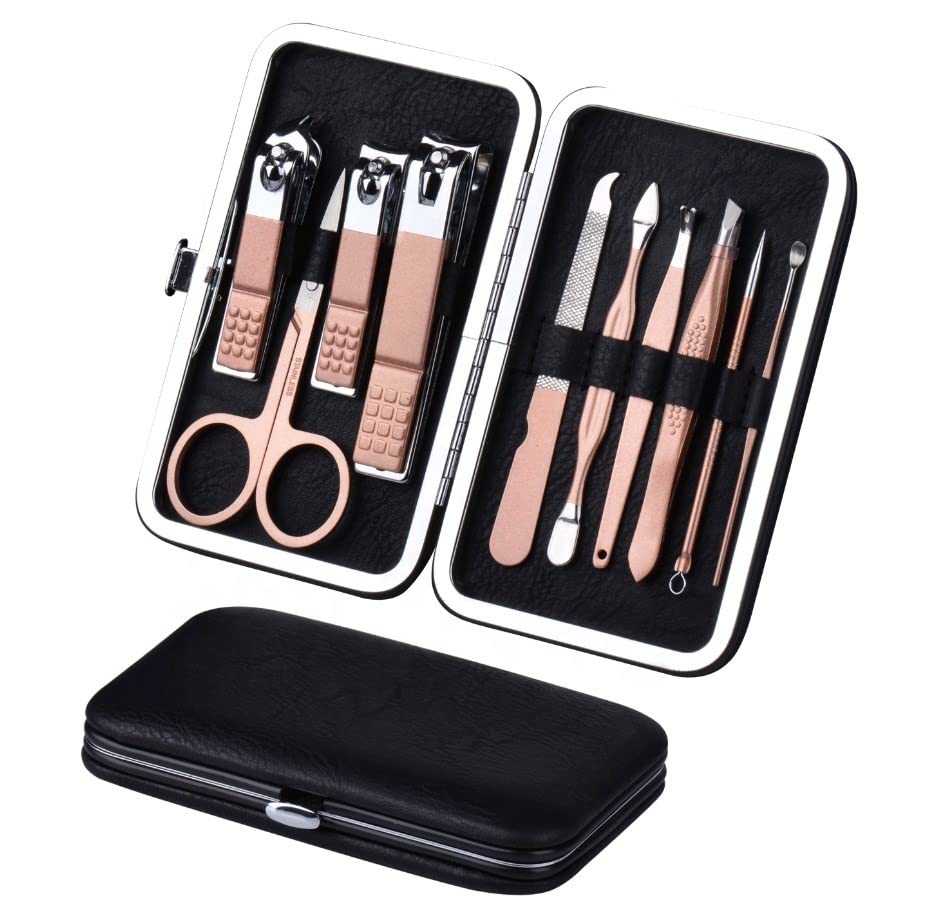 HANTEKASManicure Set 10 in 1 Stainless Steel, Nail Clippers Scissors Pedicure Tools Kit - Portable Travel Grooming Kit for Men and Women with Leather Case (Rose gold)