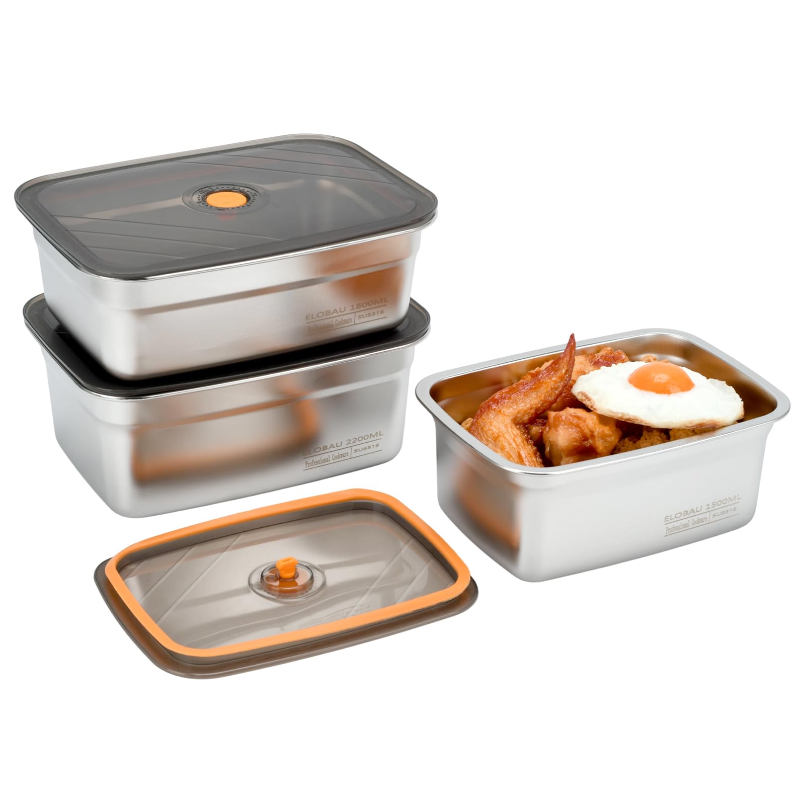 Confezione da 3 contenitori per alimenti con coperchio, in acciaio inox, ermetici, a prova di perdite, contenitori per conservare gli avanzi di cibo a casa o per campeggio, viaggi su strada (3 pezzi)